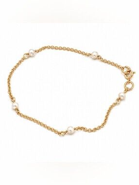 Gold Tone Faux Pearl Station Chain Bracelet Delicate Minimalist Adjustable
